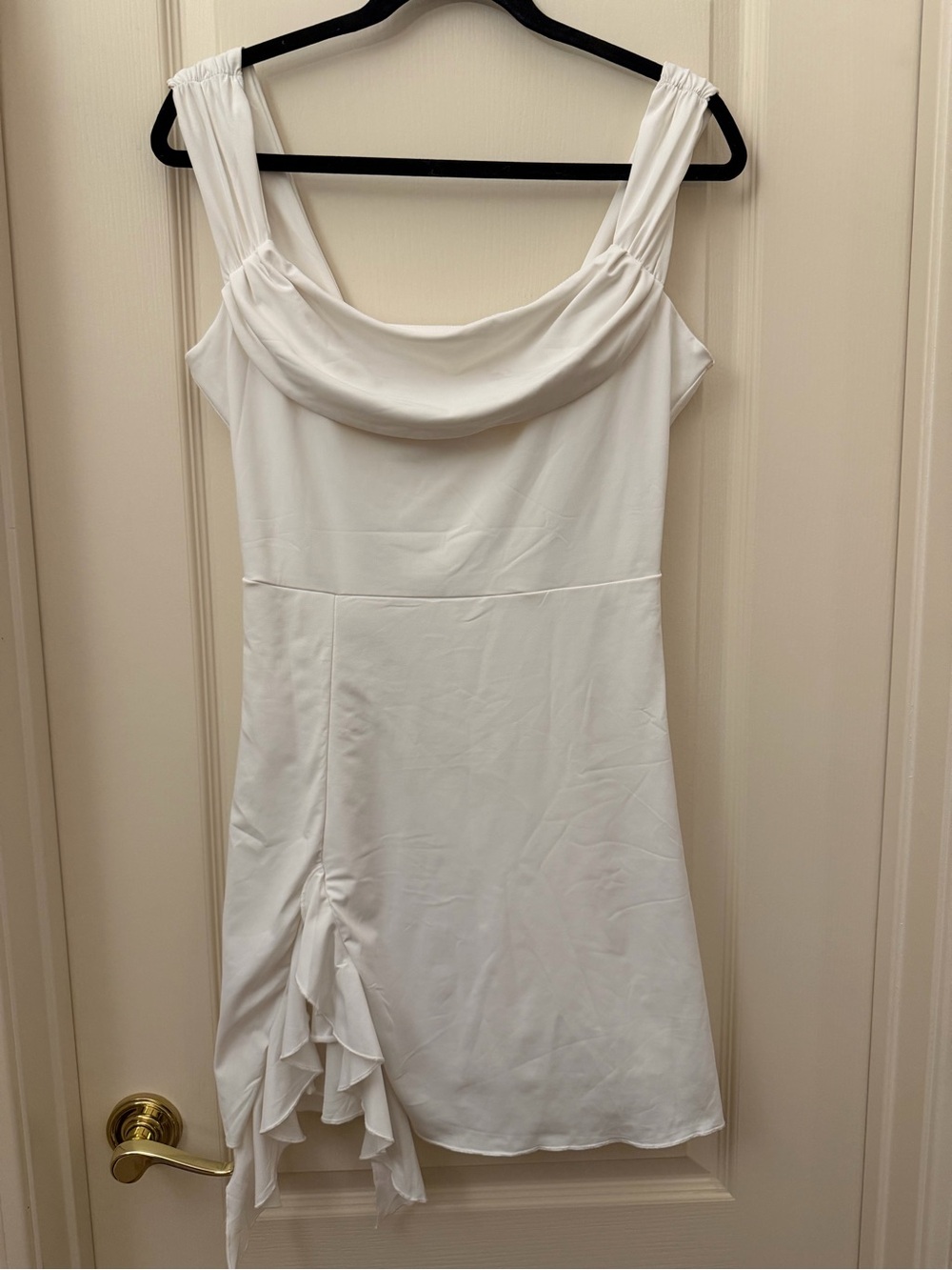 White Draped Neckline Ruffle slit Dress